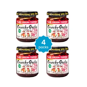 S&B Umami Topping Japanese Condiment Value Pack - 4 Packs (3.88 oz x 4), Crunchy Garlic, Chili Oil, Mild or Spicy Flavor, Ambient Cooking Staple, Spicy Sauces
